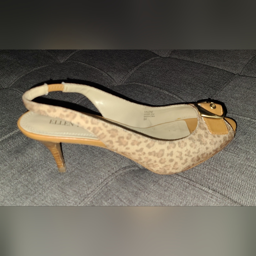Ellen Tracy light leopard print, leather slingback stilletos buckle peep toe‎ - Picture 3 of 8